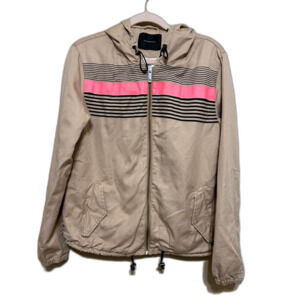 Maison Scotch Linen Cotton Hooded Jacket Womens Size 3 Large Tan Brown Striped